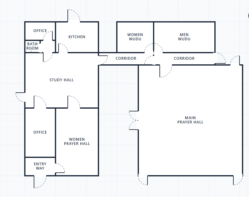 Floor plan of the completed masjid: main prayer hall, women's prayer hall, study hall, wudu areas, and offices